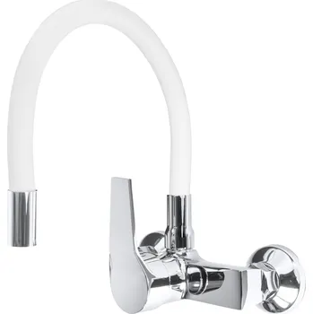 Vodovodní baterie Gamma Flex, nástěnná dřezová baterie s elastickým ramenem, bílá-chromová, GMA-BFXS-WH