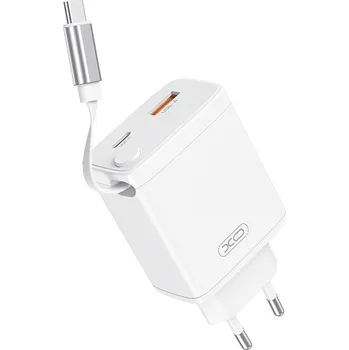 30W nabíječka / napájecí adaptér XO CE31 - svinovací kabel USB-C 60cm + USB-A + USB-C - bílá