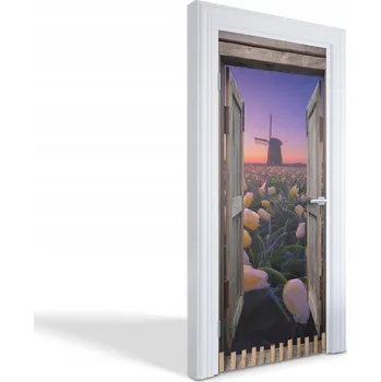 Fototapeta Fólie na dveře s ozdobným potiskem Tulipány a větrným mlýnem 85 x 205 cm