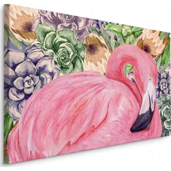 Obraz Obraz růžový pták PLAMEŇÁK, květiny, akvarel 70x50 cm