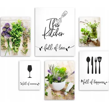 Obraz XXL Plakáty na zeď do kuchyně - sada 6 kusů, bylinky, citát do kuchyně