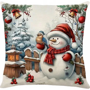 Povlak na polštářek Dekorační Vánoční Povlak na Polštář Sněhulák s Ptáčkem 45x45
