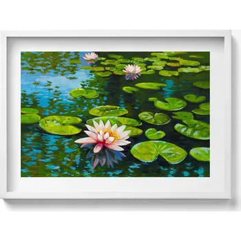 Obraz Nástěnný dekorativní foto obraz v bílém rámu Malba Lekníny 70x50 cm