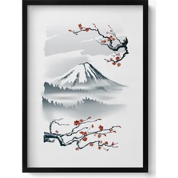Obraz Nástěnný obraz v rámu - Japonská ilustrace hory Fuji a květů třešně, 50x70 cm