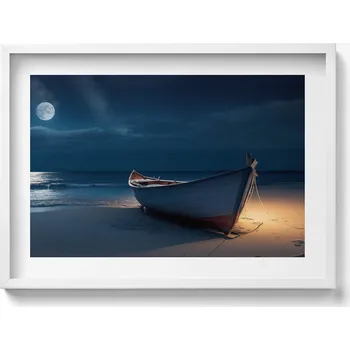 Obraz Obraz s bílým rámem a grafikou na zeď Loďka na břehu pláže v noci 70x50 cm