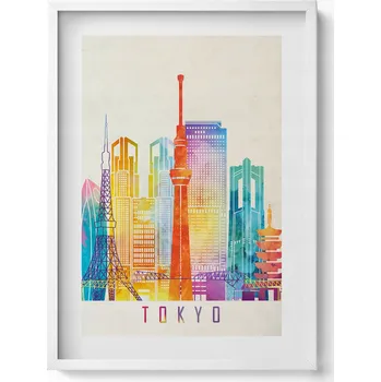 Obraz Bílý rámeček s obrázkem Barevná ilustrace města Tokio v Japonsku 50x70 cm