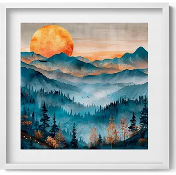 Obraz Závěsný obraz rámeček Abstraktní krajina slunce nad horami a lesy 50x50 cm