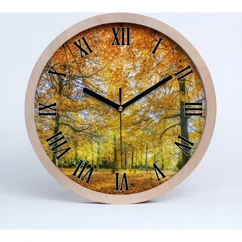 Hodiny Nástěnné dřevěné hodiny s motivem podzimního lesa, průměr 25 cm