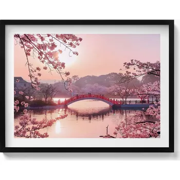 Obraz Nástěnný obraz v černém rámu Květy třešně a most - japonský styl 80x60 cm