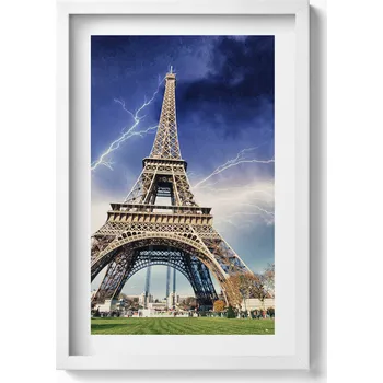 Obraz Dekorativní nástěnný obraz v bílém rámu Eiffelova věž, blesky a bouřka 40x60 cm