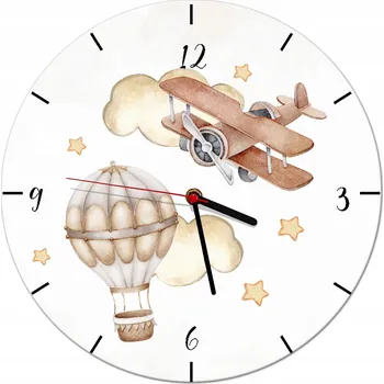 Hodiny Nástěnné hodiny pro děti Letadlo Balón Dětské hodiny na zeď 30 cm BÉŽOVÉ
