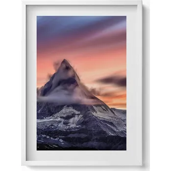 Obraz Závěsný obraz rámeček bílé barvy Osamělá hora při západu slunce 50x70 cm