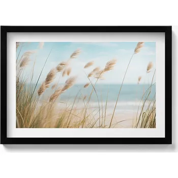 Obraz Obraz grafika v černém rámu Krajina s trávou, pláží a mořem boho styl 60x40 cm