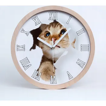 Hodiny Tichá nástěnná dřevěná hodiny kočka v díře průměr 25 cm