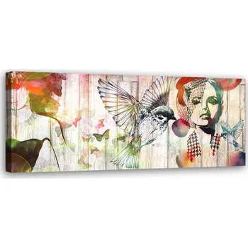 Obraz OBRAZ NA PLÁTNĚ CANVAS Žena ptáci a motýli 120x40