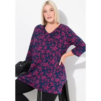 Dámské tričko Ulla Popken, Plus size Dlouhé tričko, květy, A střih, výstřih do V, 3/4 rukávy pro plnoštíhlé nadměrná velikost, 838538130-1131, modrý, 54/56, Nadměrné velikosti, Plus size oblečení, Oblečení pro boubelky, Oblečení pro baculky, Oblečení pro plnoštíhlé, Ob