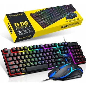 Klávesnice Hybridní klávesnice T-WOLF s LED podsvícením USB, černá, s myší