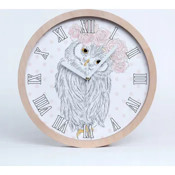 Hodiny Tichá nástěnná dřevěná hodiny sova ve věnci fi 30 cm