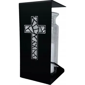 Svíčka Lucerna nerezový KOVOVÝ ČERNÝ se vzorem KŘÍŽE VITRÁŽ S RÁMEČKEM