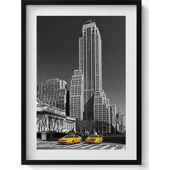 Obraz Stylový obraz v černém rámu Černobílé město a žluté taxíky 50x70 cm