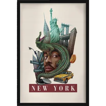 Obraz Grafika v rámu Retro styl New York Socha Svobody Brooklynský most 40x60 cm