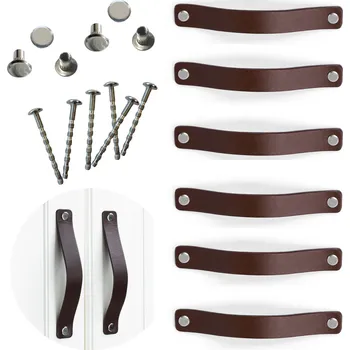 Nábytkové kování SADA 6 x kožený nábytková úchytka ČOKOLÁDOVĚ HNĚDÝ pro rozteč 128 mm