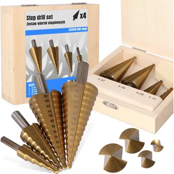 Vrták SADA VRTÁKŮ Stupňovité Kuželové Vrtáky do Kovu 4-32mm HSS Titanové "Stromeček"