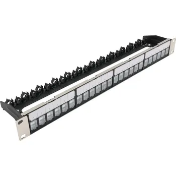 Patch panel XtendLan Patch panel 19", 24 portů, neosazený, stíněný, černý, Cat5e/6/6A/7, vyvazovák-akce 10+1 PP19-24N-N