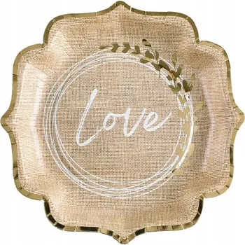 Talíř PAPÍROVÉ TALÍŘKY LOVE LÁSKA PŘÍRODNÍ BOHO 21X21 CM 10 KS NA PÁRTY