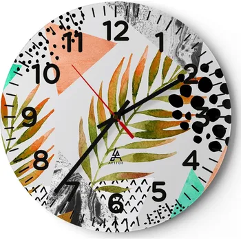 Hodiny Kuchyňské nástěnné hodiny 30x30 Palmový list Moderní skleněné hodiny Tiché