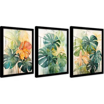 Obraz OBRAZY NA ZEĎ V ČERNÉM RÁMU PLAKÁTY TRYPTYCH KVĚTINY MODERNÍ 43x99