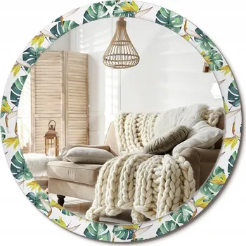 Zrcadlo Nástěnné zrcadlo s grafikou na skle Tropické listy Velké průměr 100 cm