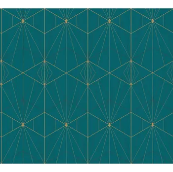 Tapeta TAPETA ZLATÉ GEOMETRICKÉ LINIE VZORY NA TYRKYSOVÉM POZADÍ VLIESOVÁ