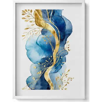 Obraz Obraz grafika v bílém rámu Abstrakce rostliny na modrém pozadí 50x70 cm