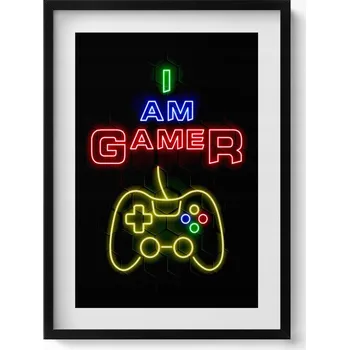 Obraz Obraz grafika v černém rámu Neonový nápis pro hráče I am gamer 50x70 cm