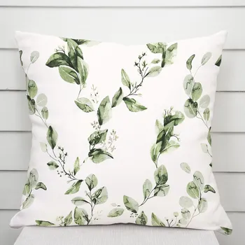 Povlak na polštářek Bavlněný povlak na polštář Sandra SA-422 Zelené listy na bílém 50 x 60 cm