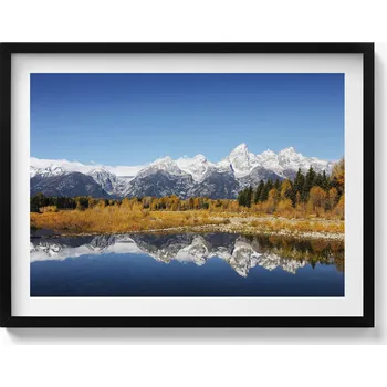 Obraz Závěsný obraz rámeček černé barvy Hory jezero a podzimní stromy 80x60 cm