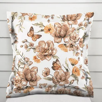 Povlak na polštářek Bavlněný povlak na polštář s lemem Sandra SA-458 Hnědé květy magnolie s motýlky na bílém 40 x 40 cm