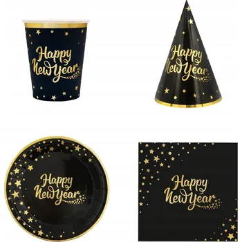Party dekorace SUPER Silvestrovský Set Happy New Year Talířky Ubrousky Kelímky Čepice
