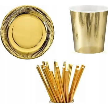 Jednorázové nádobí Sada Talířků na jedno použití Kelímky Brčka ZLATÉ
