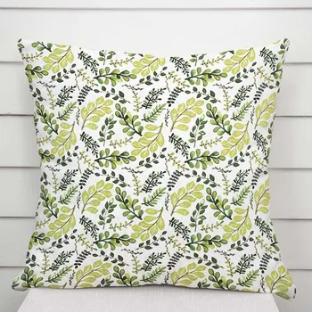 Povlak na dekorativní polštářek Bavlněný povlak na polštář Sandra SA-426 Zelené větvičky s lístky na bílém 50 x 60 cm