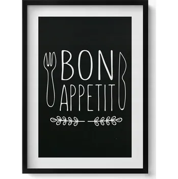 Obraz Dekorativní nástěnný obraz s černým rámem a loft grafikou Nápis "Dobrou chuť" 50x70 cm
