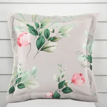 Povlak na polštářek Bavlněný povlak na polštář s lemem Sandra SA-452 Růžové květy na šedém 50 x 60 cm