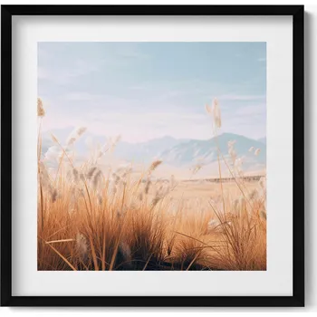 Obraz Grafika v černém rámu Romantická krajina trav a hor v boho stylu 50x50 cm