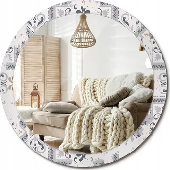 Zrcadlo Stylové kulaté zrcadlo na zeď s potiskem na skle, retro dlaždice, průměr 90 cm