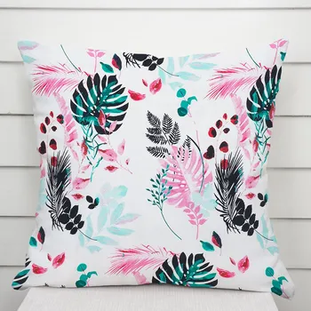 Povlak na dekorativní polštářek Bavlněný povlak na polštář Sandra SA-413 Růžové a zelené tropické listy na bílém 50 x 60 cm