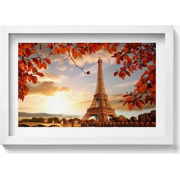 Obraz Dekorativní nástěnný obraz v rámu do obýváku Eiffelova věž mezi listy 30x20 cm