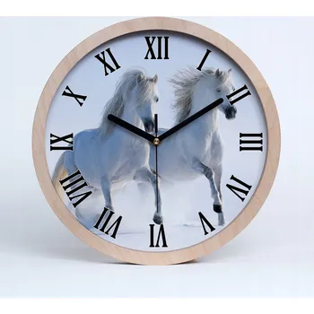 Hodiny Dřevěné nástěnné hodiny dva koně ve sněhu fi 25