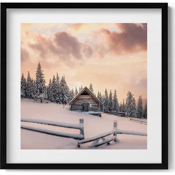Obraz Nástěnný obraz v rámu – Zimní krajina s horskou chatou při západu slunce, 50x50 cm