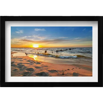 Obraz Nástěnný obraz v černém rámu s grafikou Východ slunce nad mořem 30x20 cm